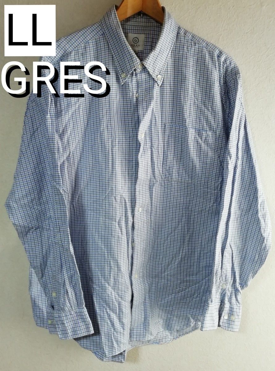 【USED／レア】シャツ　グレ　GRES　ブルー系　長袖　ワイシャツ　ネルシャツ　LLサイズ　43-86　ボタンダウン　