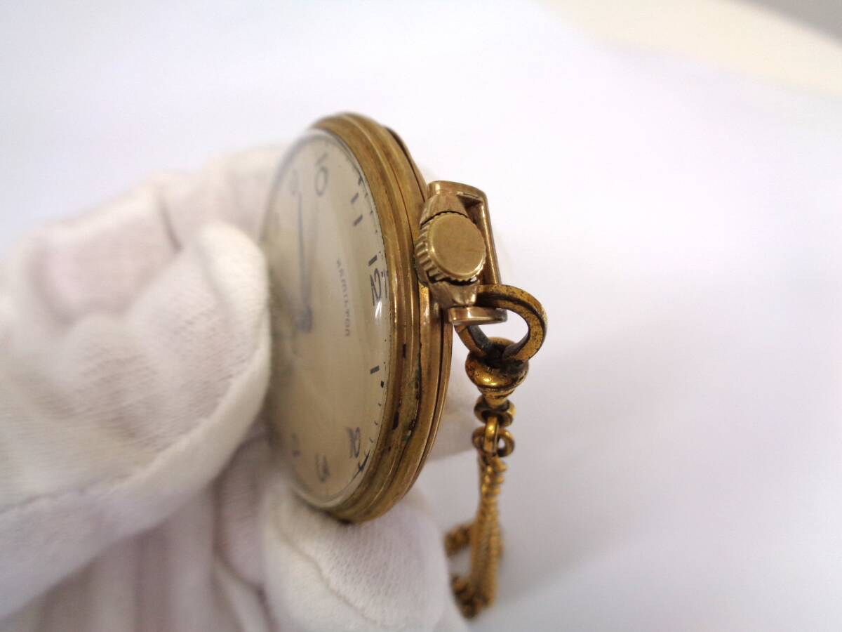 稼働品　HAMILTON　ハミルトン　懐中時計　手巻き　ゴールドカラー　チェーン付き_画像6