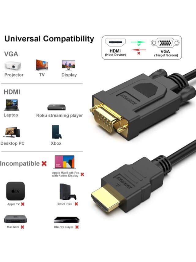【未使用】BENFEI★ HDMI - VGA 1.8m ケーブル(逆方向に非対応)、単方向 HDMI (ソース) - VGA (ディスプレイ) ケーブル (オス - オス) PC