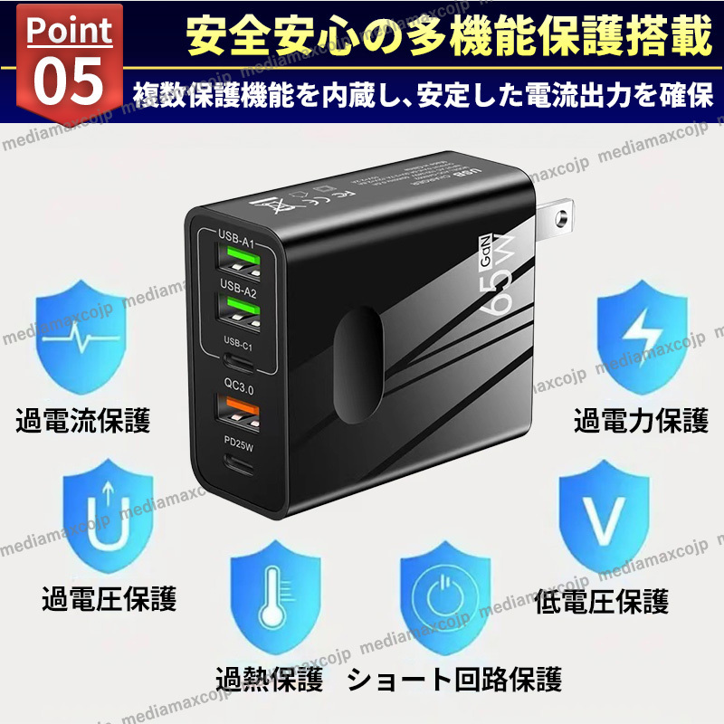 USB fast charger AC adaptor 65W 5 port same time charge type-C type C FD QC3.0 protection GaN outlet iPhone android personal computer smartphone black 