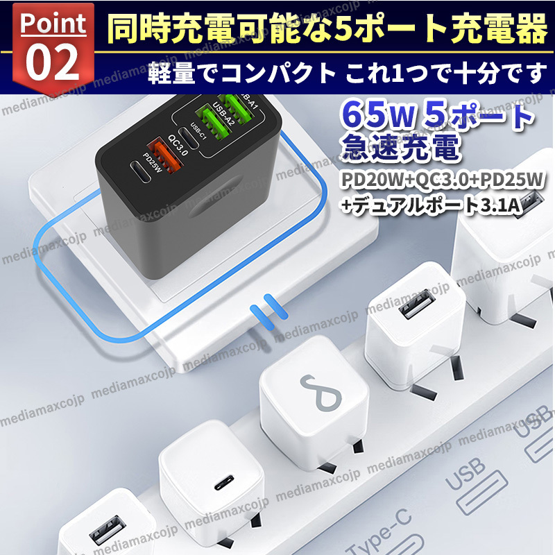 USB fast charger AC adaptor 65W 5 port same time charge type-C type C FD QC3.0 protection GaN outlet iPhone android personal computer smartphone black 