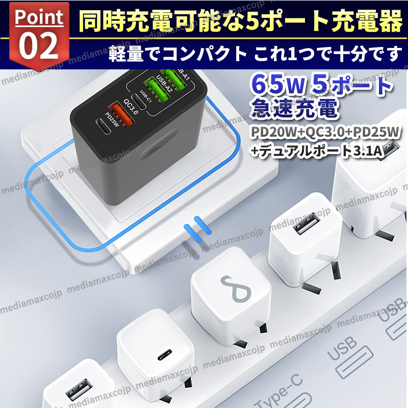 USB 急速 充電 65W ACアダプター 120W データ ケーブル セット 5ポート 同時充電 type-C 転送 USBケーブル スマホ PD QC3.0 GaN 黒 橙色_画像4