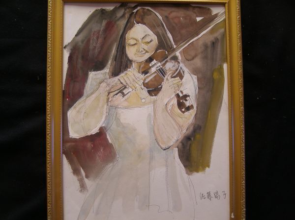  подлинный произведение Sato ..( новый .. общество .)* скрипка * акварельная живопись (P8)
