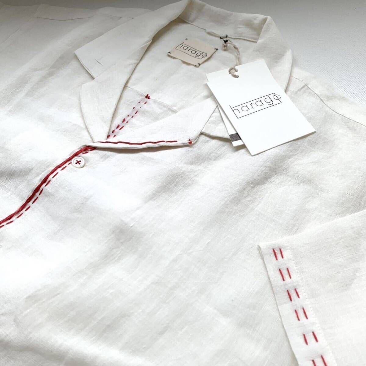 新品 HARAGO ハラゴ 鳥 手刺繍 バード エンブロイダリー リネン 半袖 シャツ メンズ XL 生成りBird embroidered linen shirt_画像6