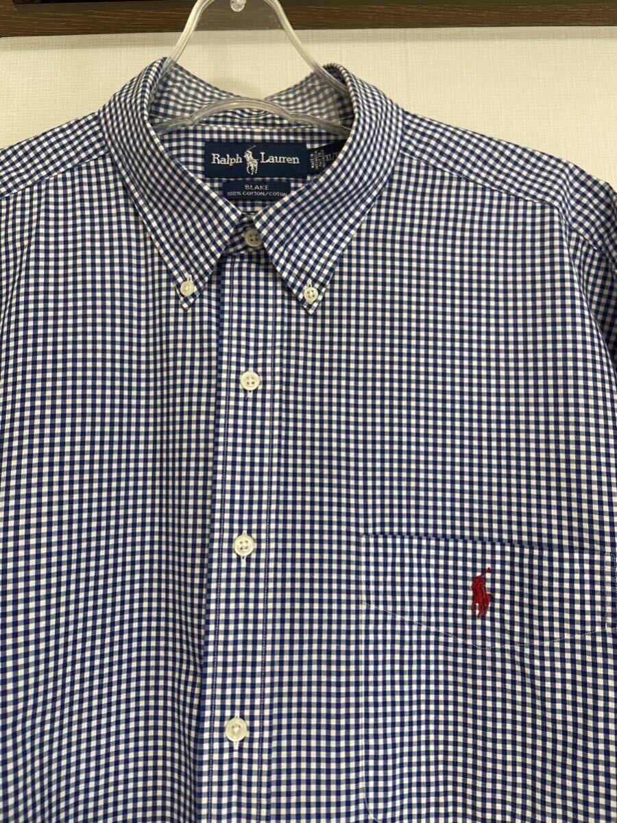POLO RALPH LAUREN ポロラルフローレン BLAKEギンガムチェック半袖ボタンダウンシャツ XLサイズ ブルー白 の画像2