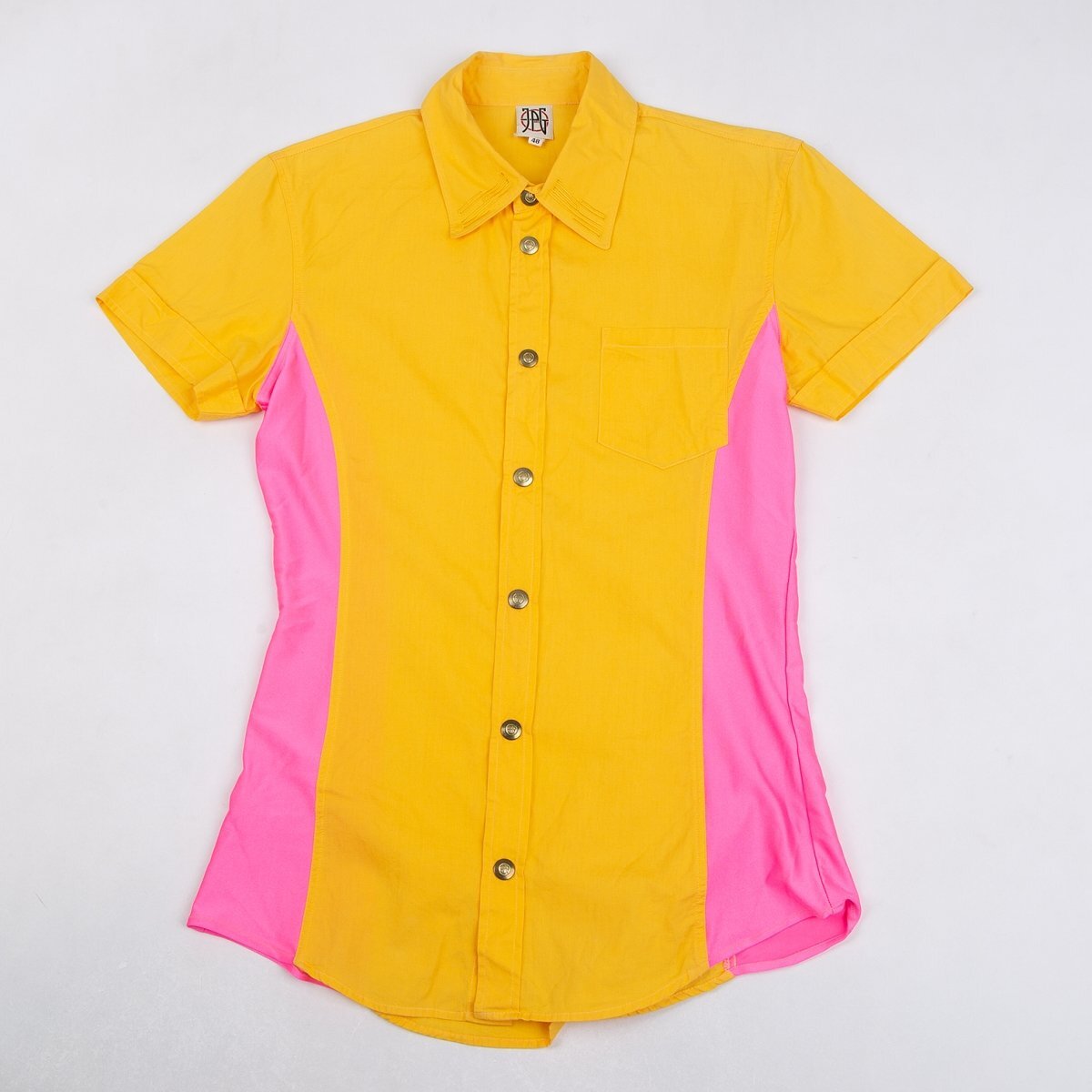 ジャンポールゴルチエJean Paul GAULTIER PARIS 刺繍カラーパネル切替半袖シャツ 黄色ピンク48_画像1