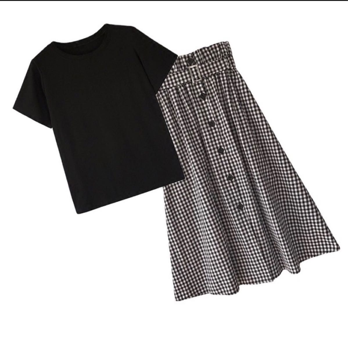 【大きめサイズ】ギンガムチェック　4XL  スカート　Tシャツ　黒　セットアップ　上下セット　夏服　半袖　ブラック