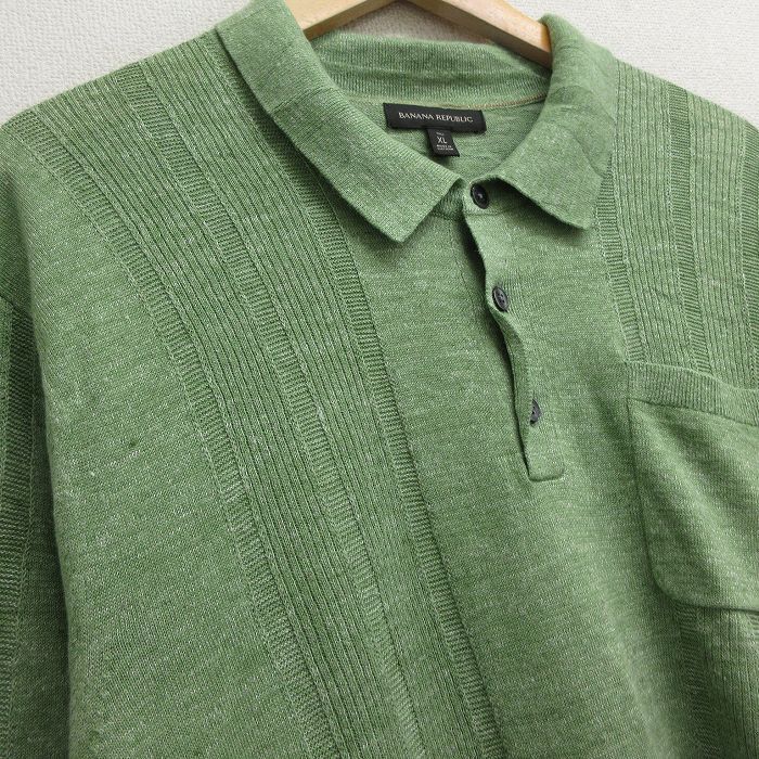 L/古着 バナナリパブリック 半袖 ブランド セーター メンズ 襟付き リネン 緑 グリーン 24may06 中古 トップス_画像2