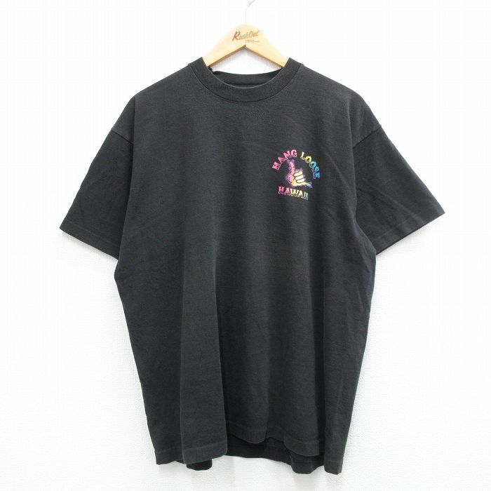 XL/古着 フルーツオブザルーム 半袖 ビンテージ Tシャツ メンズ 90s HAND LOOSE ハワイ 大きいサイズ コットン クルーネック 黒 ブラック 2_画像2