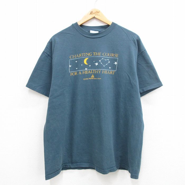 XL/古着 ヘインズ 半袖 ビンテージ Tシャツ メンズ 90s 月 星 大きいサイズ コットン クルーネック 紺系 ネイビー 24may13 中古_画像1