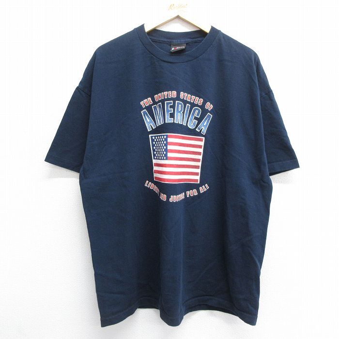XL/古着 半袖 ビンテージ Tシャツ メンズ 90s アメリカ 星条旗 大きいサイズ コットン クルーネック 紺 ネイビー 24may13 中古_画像1