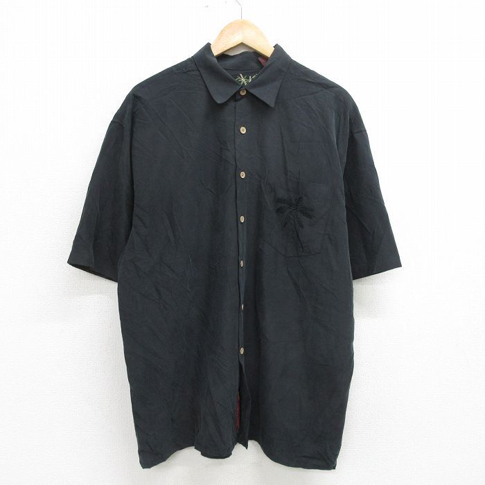XL/古着 半袖 ハワイアン シャツ メンズ ヤシの木 刺繍 黒 ブラック 24may13 中古 アロハ トップス_画像2