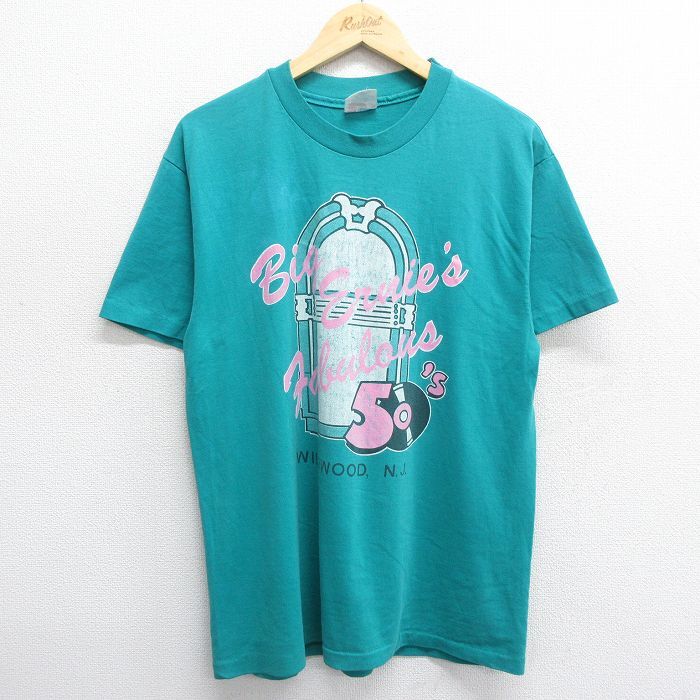 L/古着 ヘインズ 半袖 ビンテージ Tシャツ メンズ 90s ワイルドウッド ジュークボックス クルーネック 青緑 24may13 中古_画像1