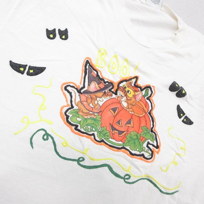 L/古着 リー Lee 半袖 ビンテージ Tシャツ メンズ 90s ハロウィン かぼちゃ ハンドペイント クルーネック 白 ホワイト 24may13 中古_画像2