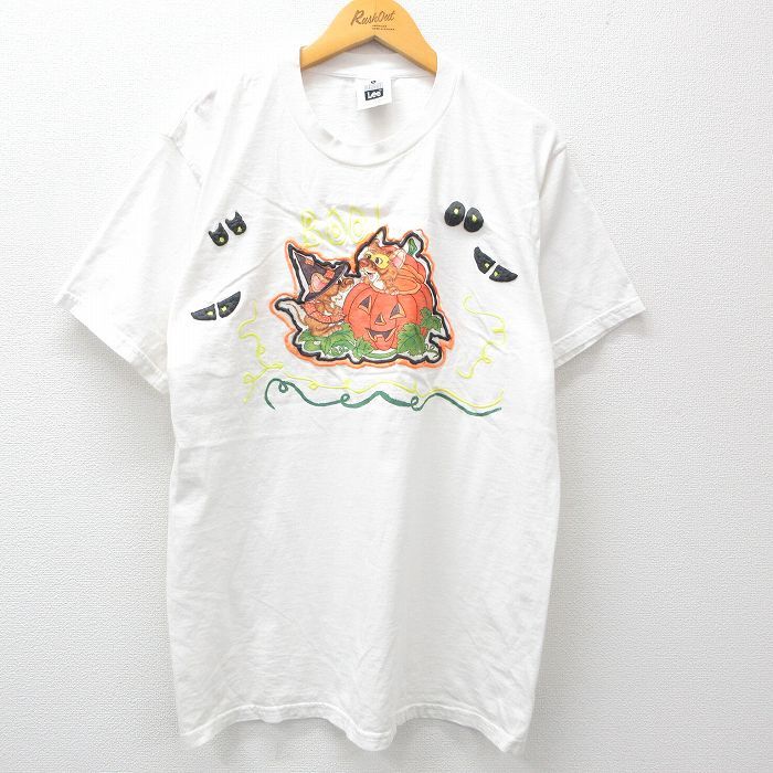 L/古着 リー Lee 半袖 ビンテージ Tシャツ メンズ 90s ハロウィン かぼちゃ ハンドペイント クルーネック 白 ホワイト 24may13 中古_画像1