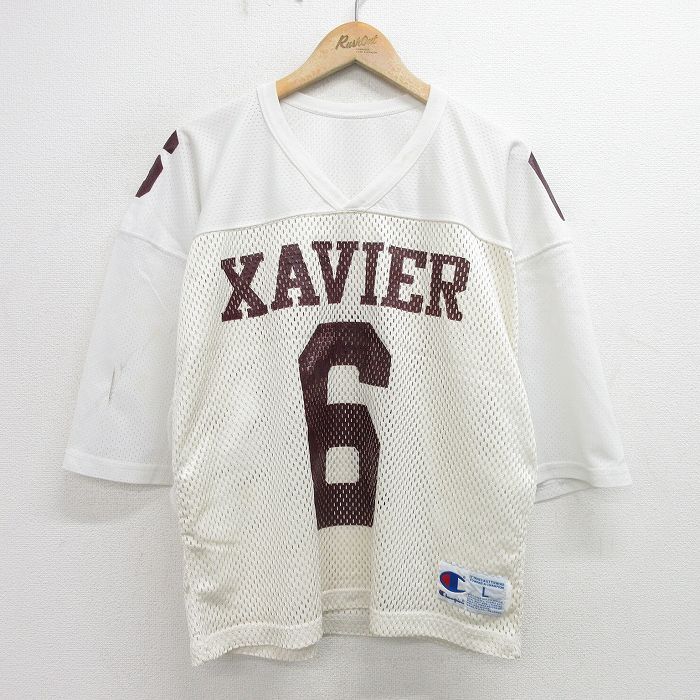 XL/古着 チャンピオン Champion 半袖 ビンテージ フットボール Tシャツ メンズ 90s XAVIER 6 メッシュ地 Vネック 白他 ホワイト ユニフォー_画像1