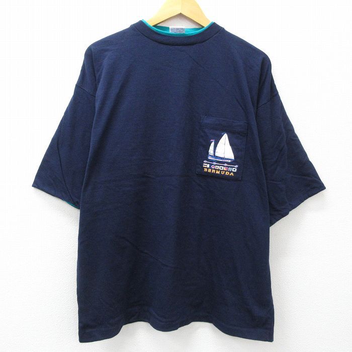 XL/古着 半袖 ビンテージ Tシャツ メンズ 00s ヨット バミューダ 胸ポケット付き 紺 ネイビー 24may14 中古_画像2