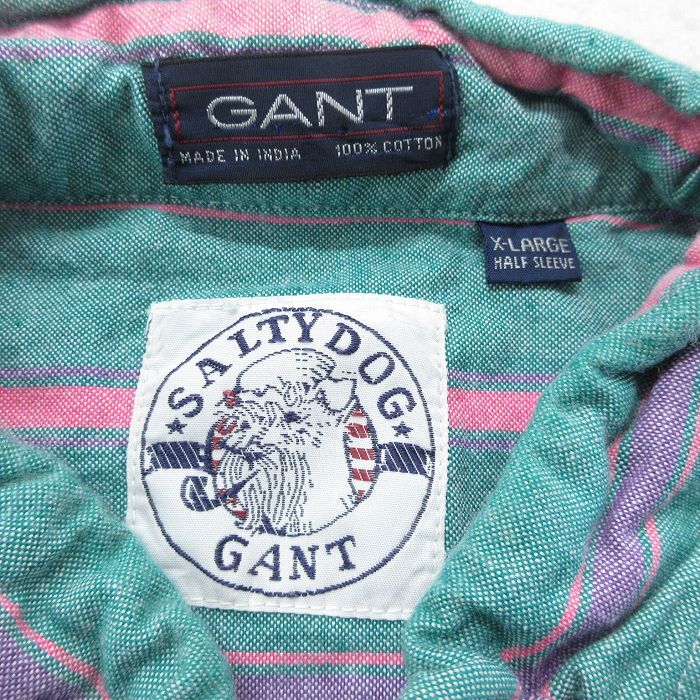 XL/古着 GANT 半袖 シャツ メンズ 90s 大きいサイズ コットン ボタンダウン 緑他 グリーン ストライプ 24may15 中古 トップス_画像4