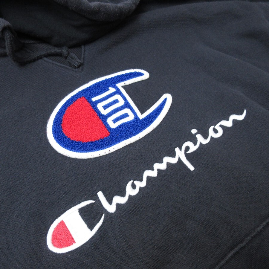 XL/古着 チャンピオン Champion 長袖 スウェット パーカー メンズ ビッグロゴ 大きいサイズ 黒 ブラック 24may18 中古 スエット トレーナー_画像3