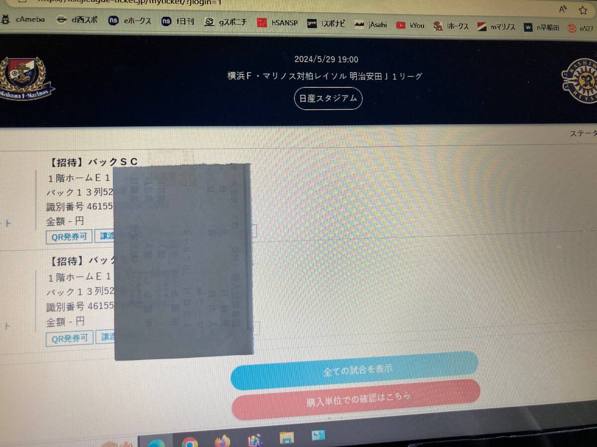 Jリーグ 2枚 連番席　5/29(水) 横浜F・マリノス vs 柏レイソル ペア　QR チケット バックサイド 招待 _画像1