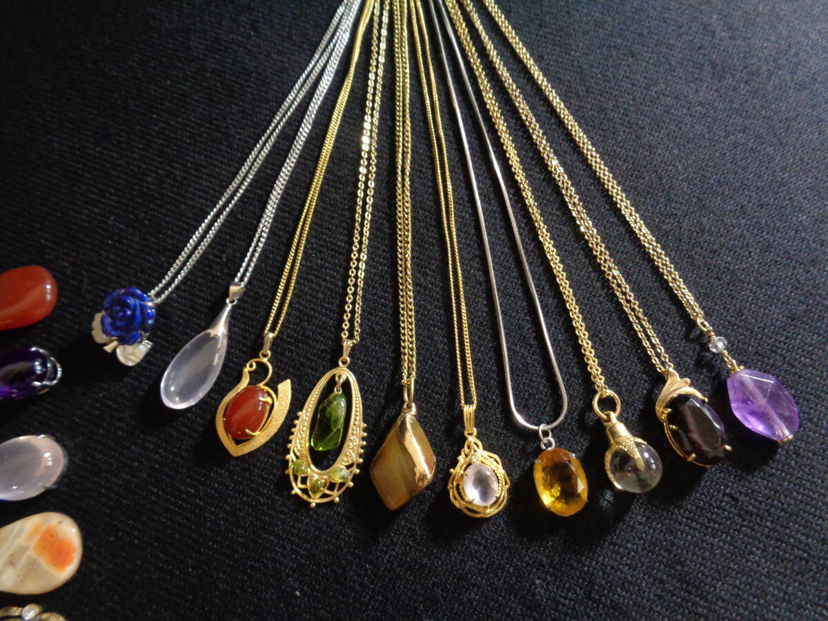 *100 jpy ~[ natural stone ] top Power Stone attaching Gold * silver color necklace large amount 20 point set lapis lazuli / crystal / peridot / butterfly .*K-71