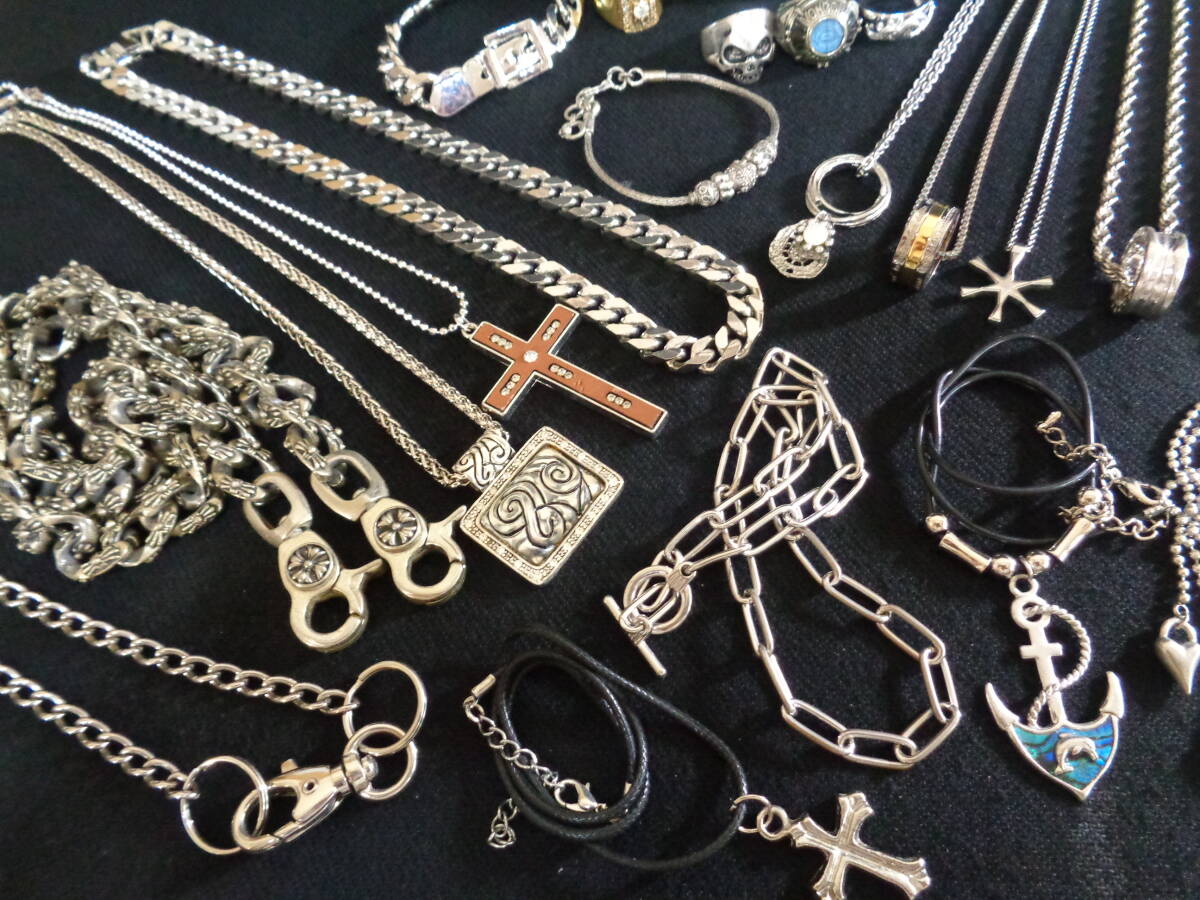 *100 jpy ~[ large amount ] Cross / ring / Skull / flat men's accessory necklace / bracele / wallet chain / ring 24 point set *T-02