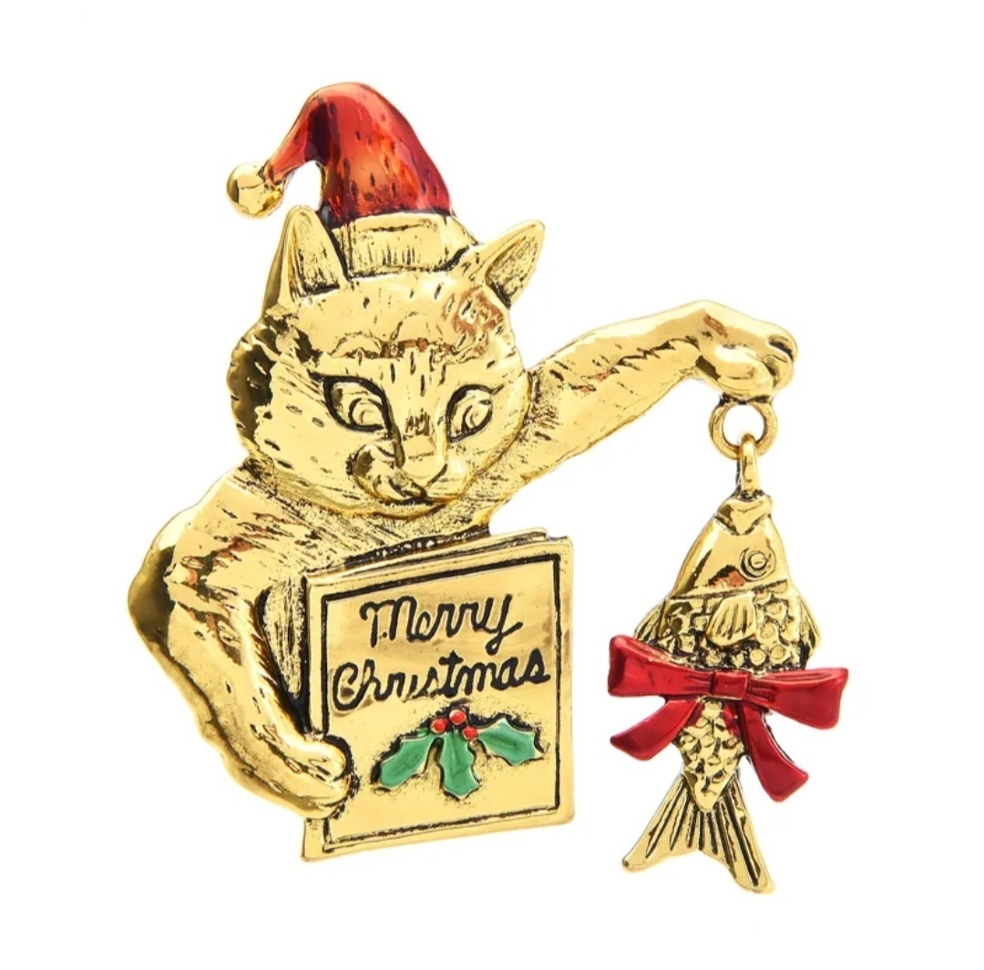 猫のブローチ　猫と魚　ゴールド　ペンダント兼用　クリスマス　猫の雑貨　HANAKO