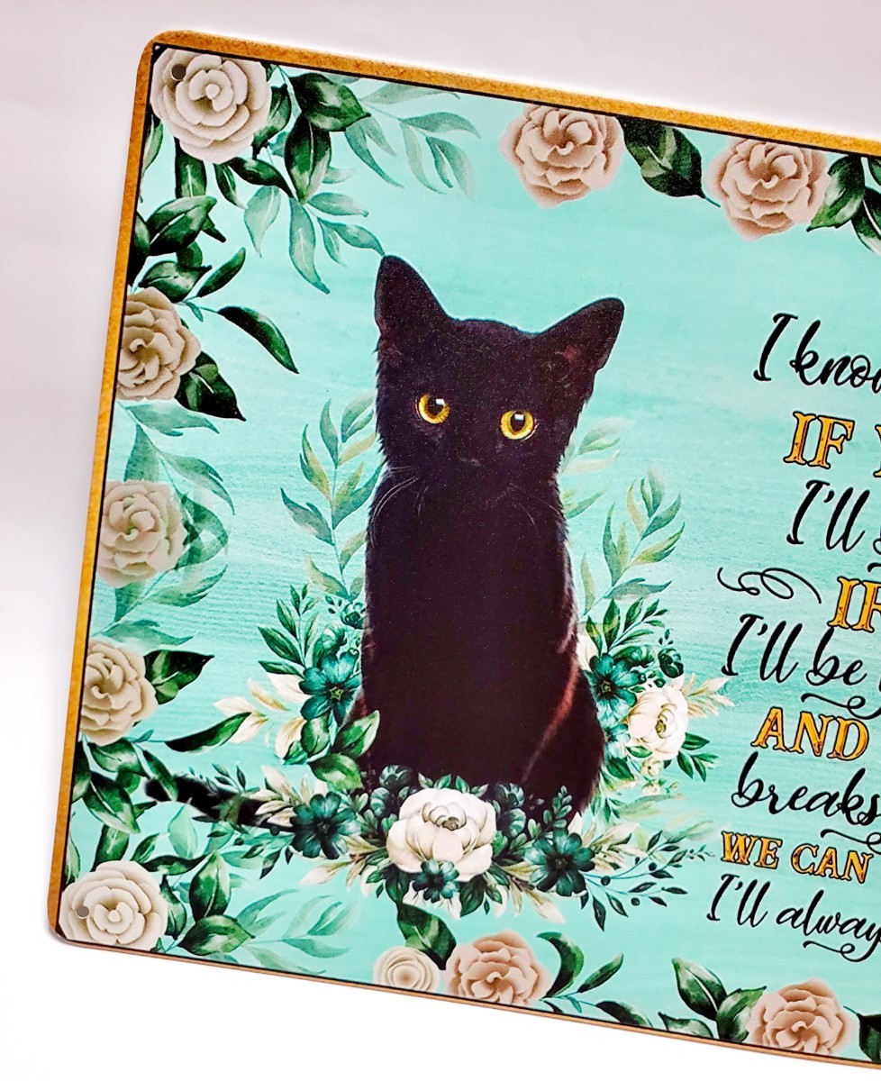 ブリキ看板　HANAKO　レトロ　猫の看板　J26　黒猫と薔薇　ウェルカムボード　ガーデンオブジェ_画像4