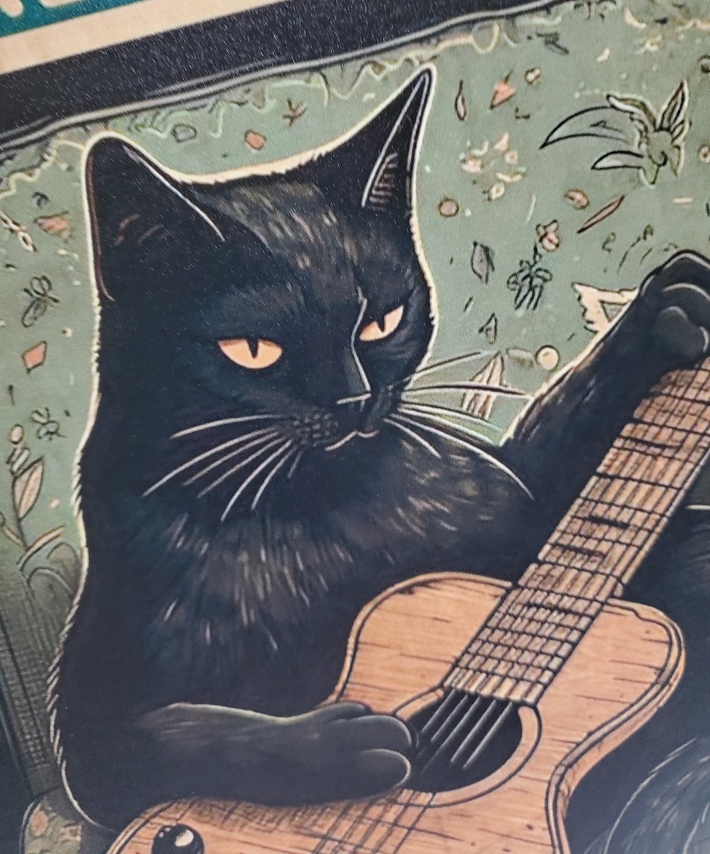 ブリキ看板　HANAKO　レトロ　猫の看板　L29黒猫　ギター　ウェルカムボード