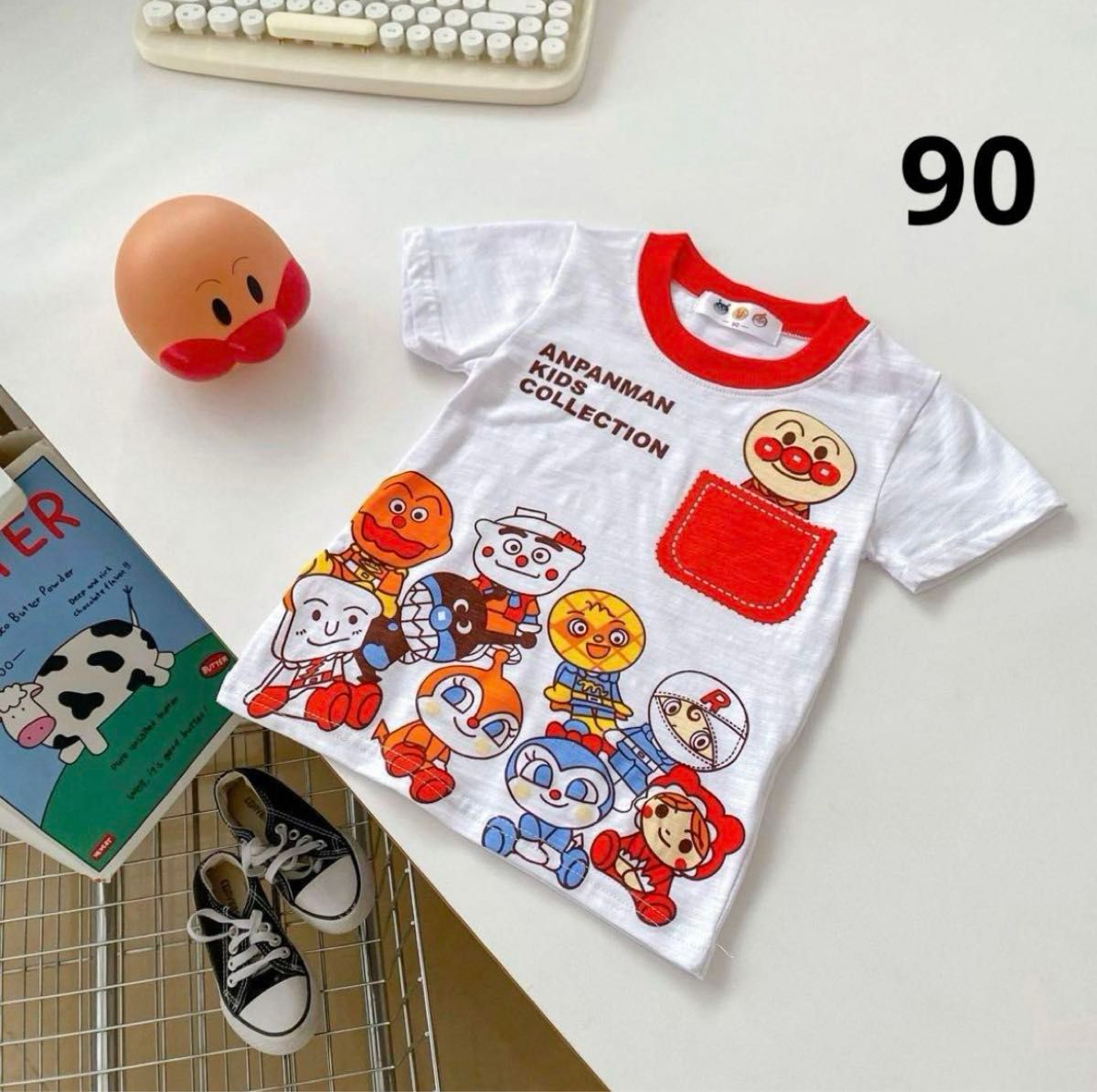 新品　アンパンマン　子供Tシャツ　半袖　90  赤ポケット