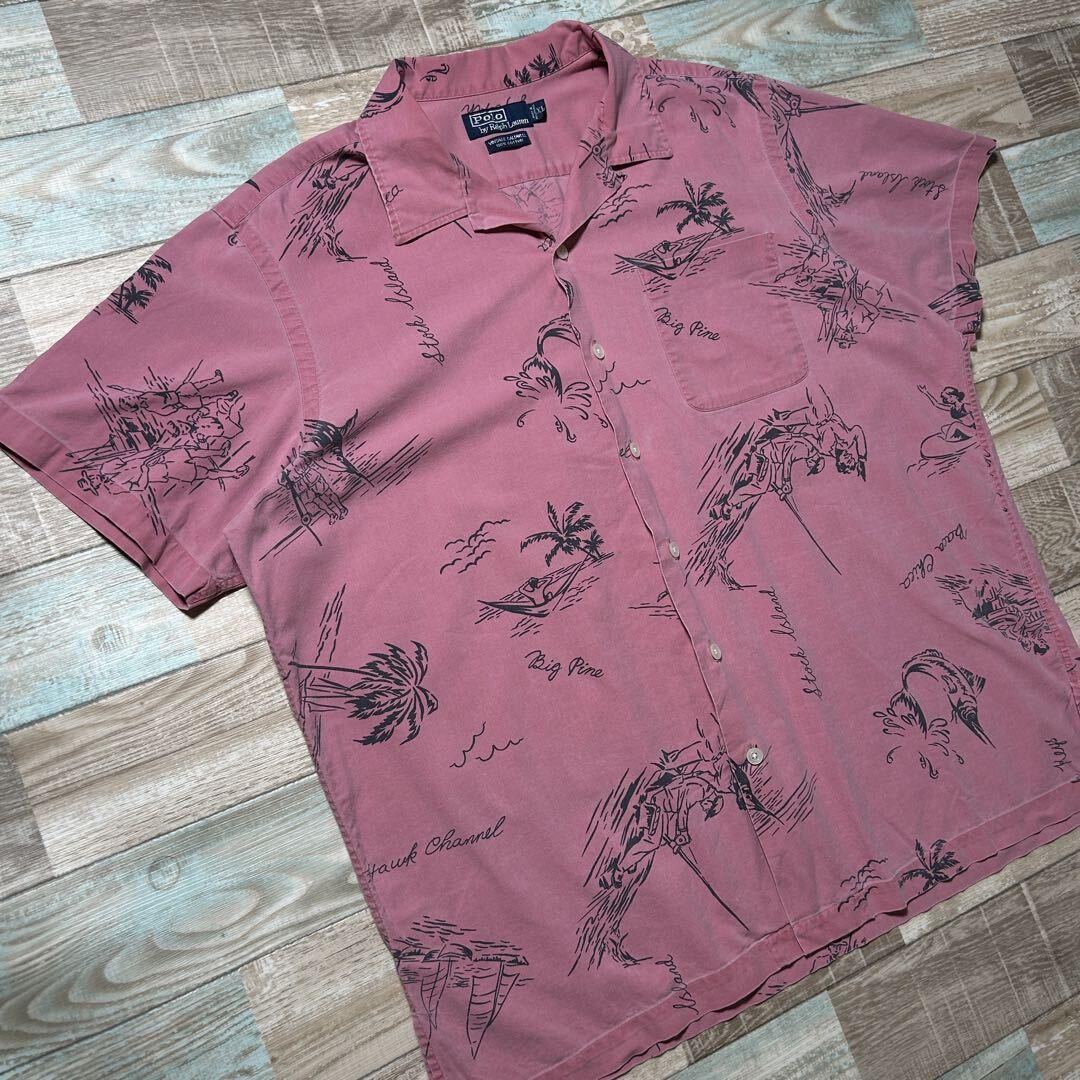 90s Polo by Ralph Lauren VINTAGE CALDWELL ラルフローレン オープンカラー 開襟 アロハシャツ カジキ 海 釣り ヤシ ピンク コットン100%の画像2