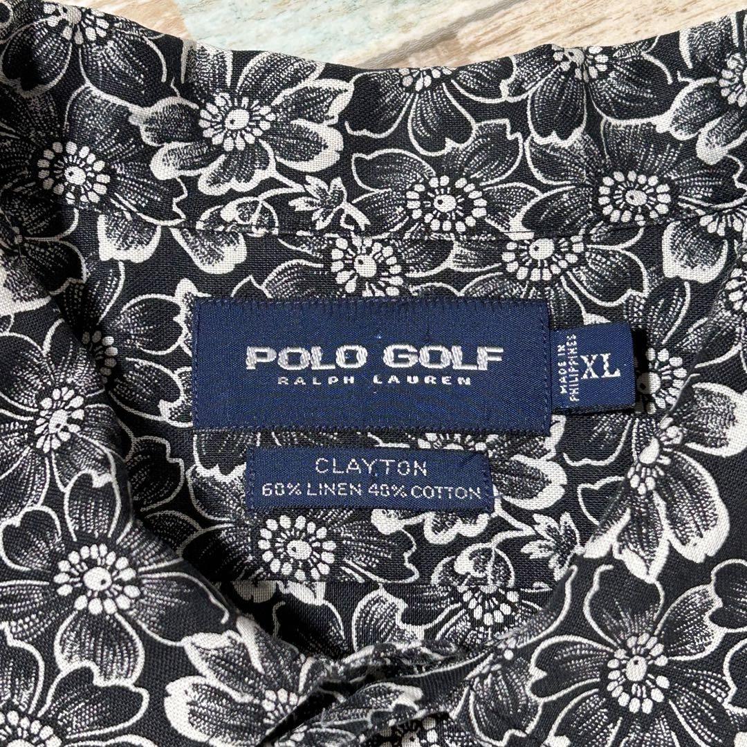 90s POLO GOLF ポロゴルフ RALPH LAUREN ラルフローレン CLAYTON 花柄 大きめ オープンカラー 開襟 リネン コットン 黒 白 XL_画像9
