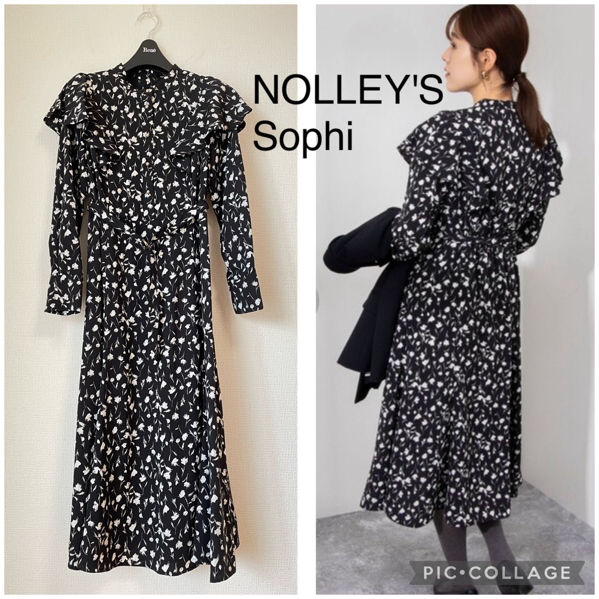 【新品】NOLLEY'S Sophi ノーリーズソフィ ウォッシャブル 花柄 ラッフル ワンピース ブラック 日本製 ロング 長袖