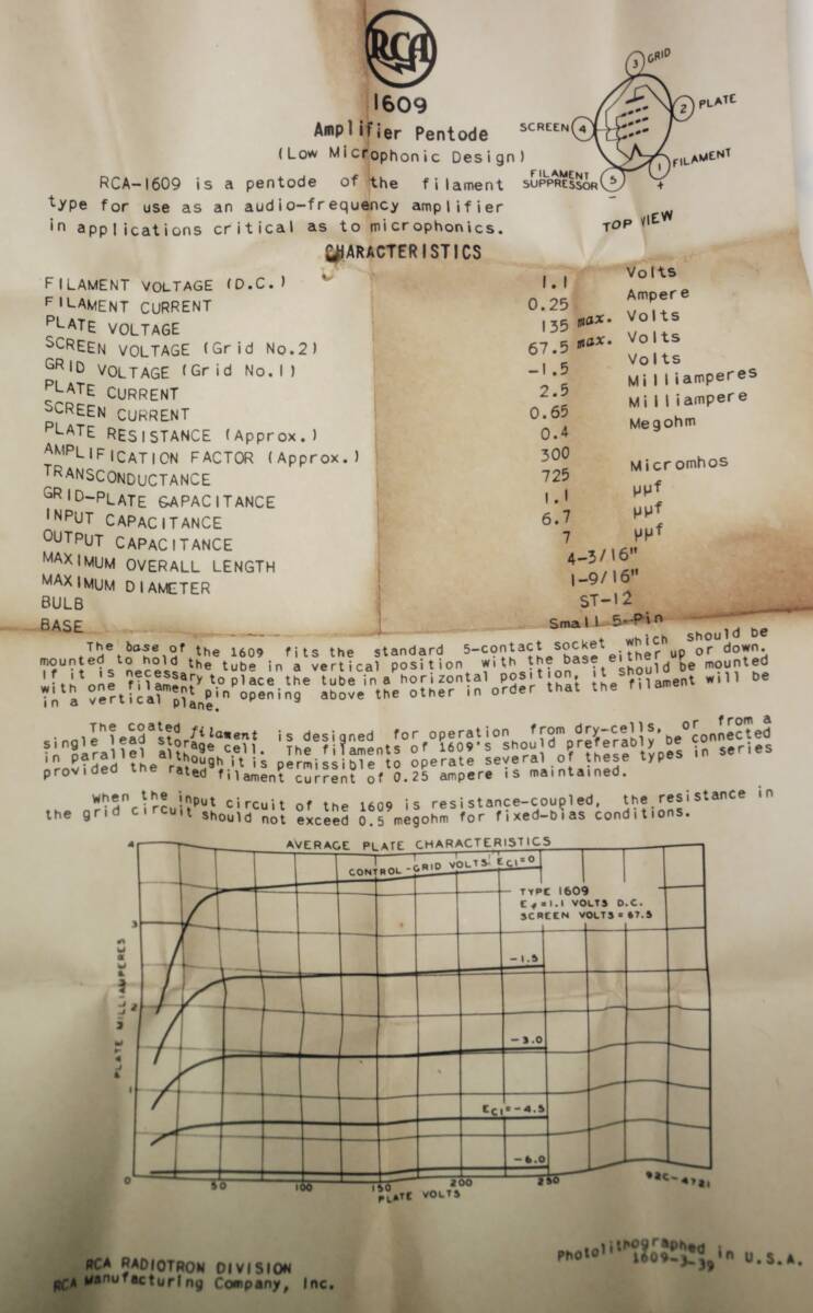 【動作未保証】RCA 直熱五極管 1609 5本一括 【未使用】_画像2