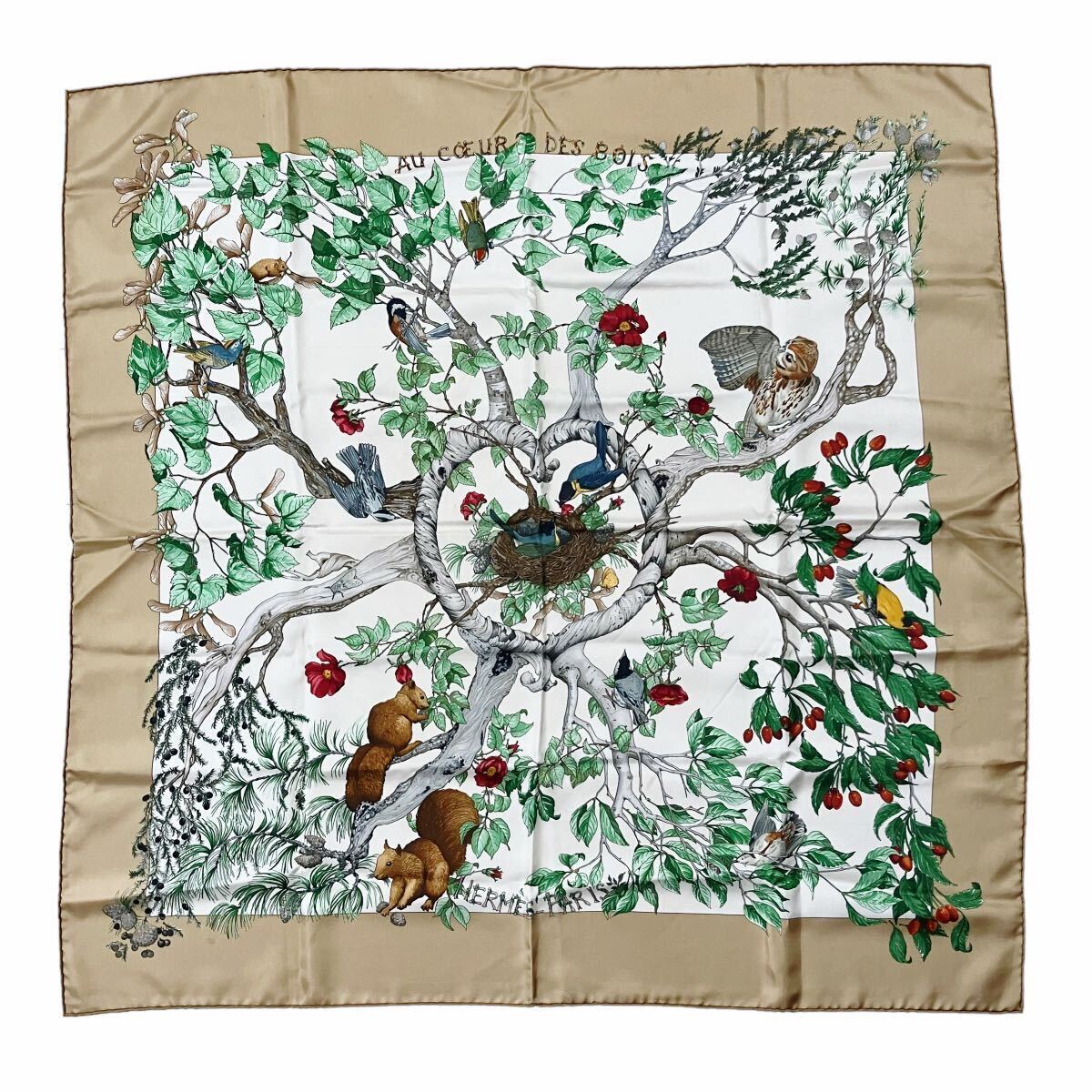 【良品】エルメス HERMES カレ90 森の中で AU COEUR DES BOIS ブラウン シルク スカーフ_画像1