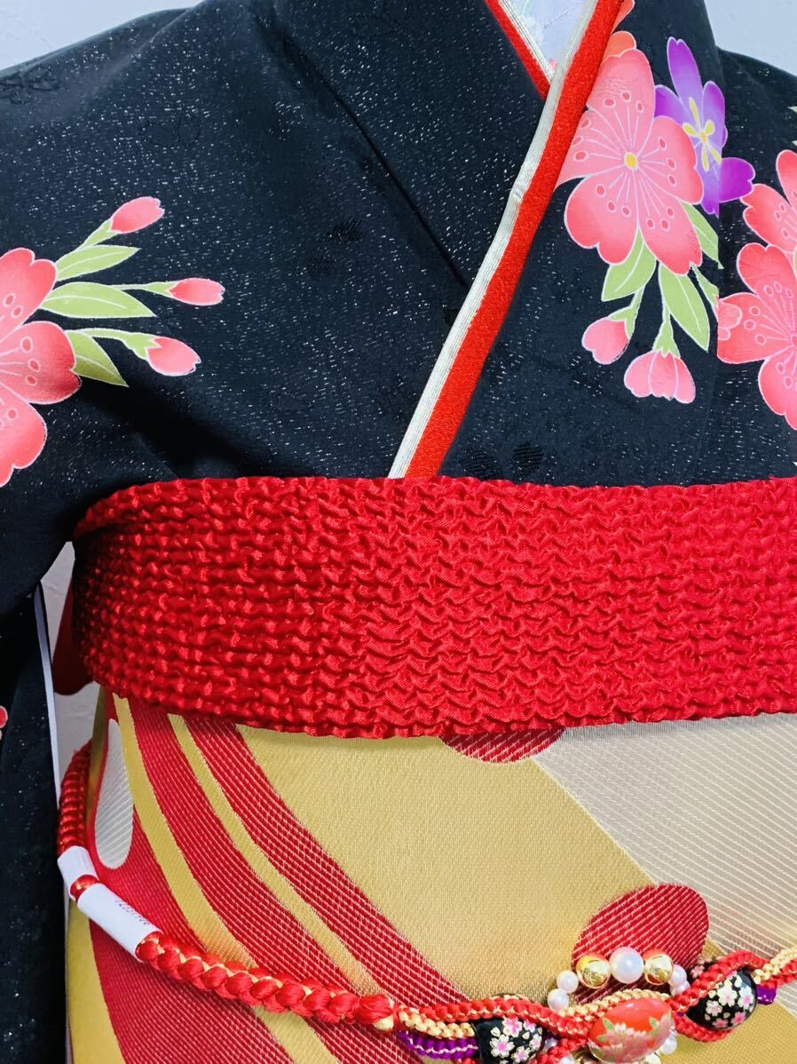 振袖 フルセット袷 正絹 銀通し 金駒刺繍 黒地 赤 ピンク 成人式 結婚式_画像7