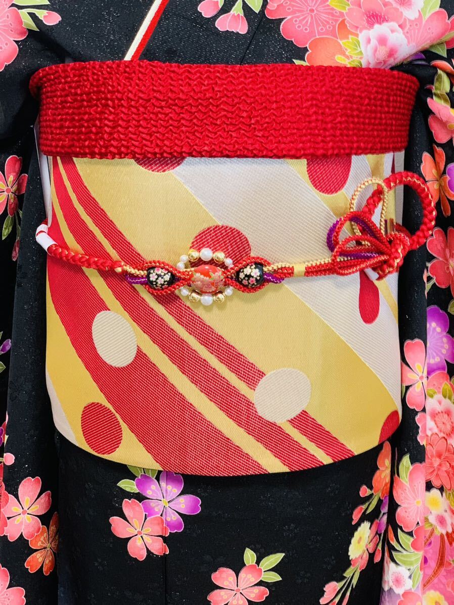 振袖 フルセット袷 正絹 銀通し 金駒刺繍 黒地 赤 ピンク 成人式 結婚式_画像6