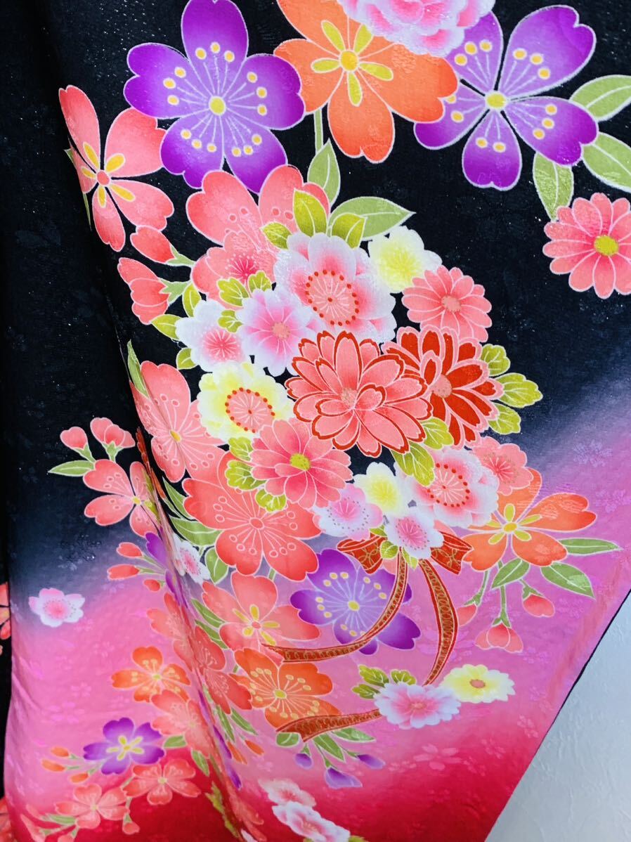 振袖 フルセット袷 正絹 銀通し 金駒刺繍 黒地 赤 ピンク 成人式 結婚式_画像9