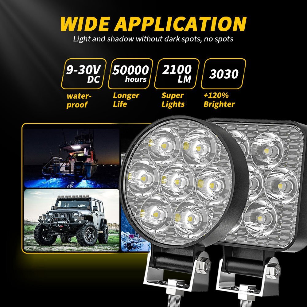 送料無料.. 21W LED ワークライト 作業灯 ホワイト 6500K ボート トラック UTV ATV 建築機械 道路照明 工事現場 多用途 汎用 12V/24V 8個_画像2