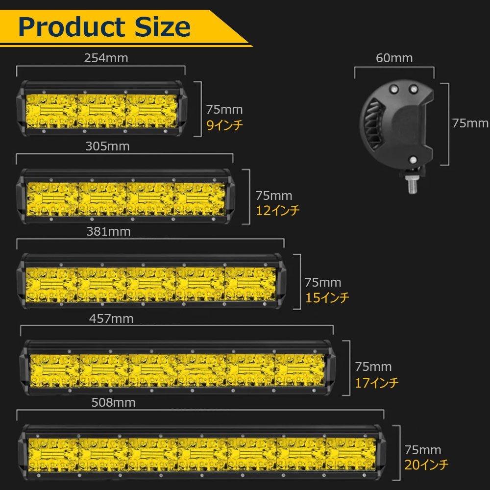 9インチ LED ワークライト 作業灯 180W イエロー 12V/24V兼用 照明 トラック SUV ボート 建設機械 工事現場 SM180W 2個 新品_画像7