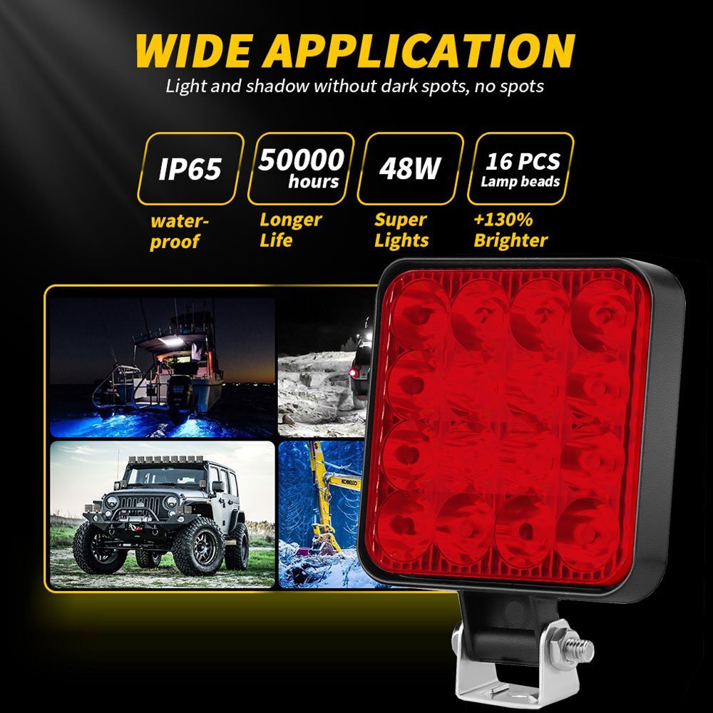 48W LED ワークライト 作業灯 カラー:レッド 12V トラック UTV ATV トレーラー ボート 4X4 建築機械 道路照明 工事現場 8個_画像2