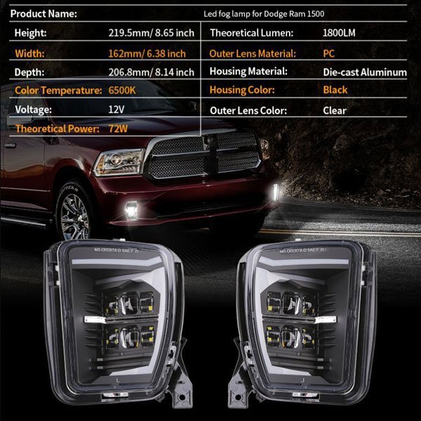 送料無料.. ダッジ・ラム LED フォグライト スポットフラッド DRL 2013~2018年式 RAM 1500 2500 3500 クリアレンズ MS-DR1317A 左右組 新品_画像9