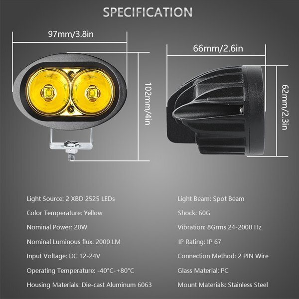 3インチ LEDワークライト 作業灯 バイク オートバイ JEEP SUV 20W 12V/24V 2000LM イエロー 3C20W 投光器 前照灯 車幅灯 照明 新品_画像4