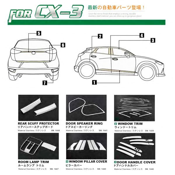 マツダ MAZDA CX-3 2015年2~ サイド ウインドウトリム ドレスアップ 外装 ガーニッシュ メッキ ステンレス 鏡面 SN-1439_画像4