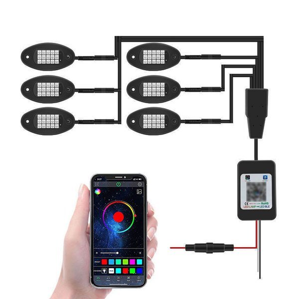 送料無料.. 多彩 RGB LED アンダーライト ブレーキライト 音楽同期 APP Bluetoothコントロール ボタンスイッチ付 車シャーシ装飾 8個タイプ_画像7