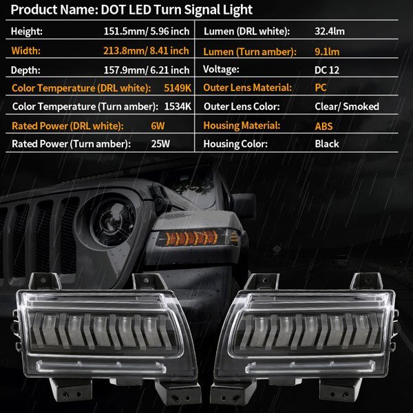 送料無料.. Jeep Wrangler JL JT SPORT 18年~21年 DRL 流れるウインカーライト フェンダーライト 25W 色選択:灰色・透明!! MS-JLTS9 新品_画像8