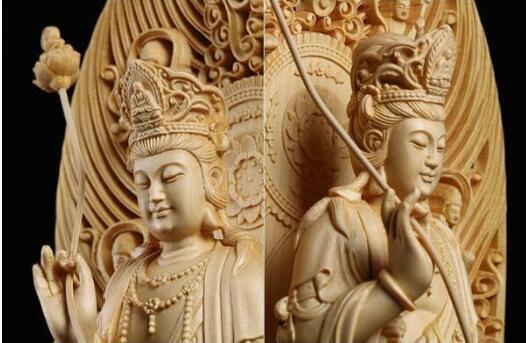 総檜材　仏教工芸品　木彫仏教　精密彫刻　極上品　仏師で仕上げ品　日光観音菩薩立像 高43cm_画像5