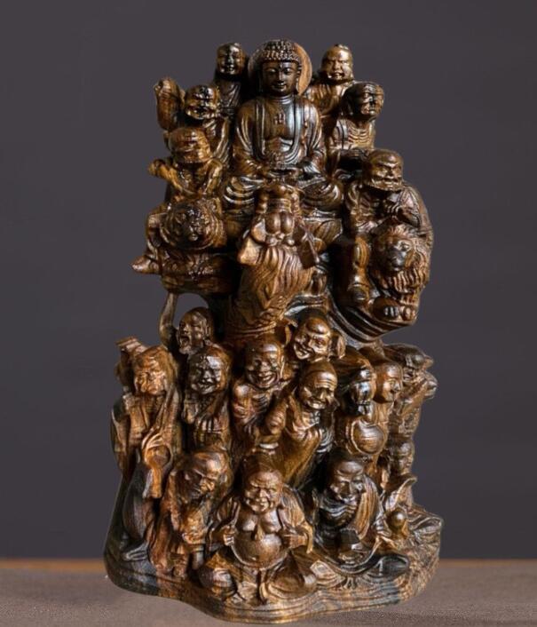 精密雕刻*沈香木彫刻十八羅漢仏像置物 25cm_画像3