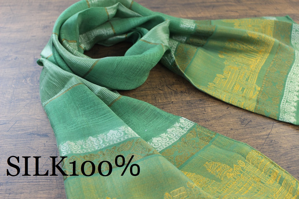  new shortage of stock hand [ silk 100% SILK] Anne call watt pattern green green GREEN Gold GOLD gold scarf / stole 