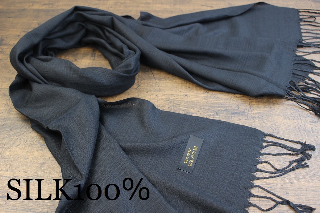 新品 薄手【シルク100% SILK】無地 ブラック BLACK 黒 Plain 大判 ストール_画像1